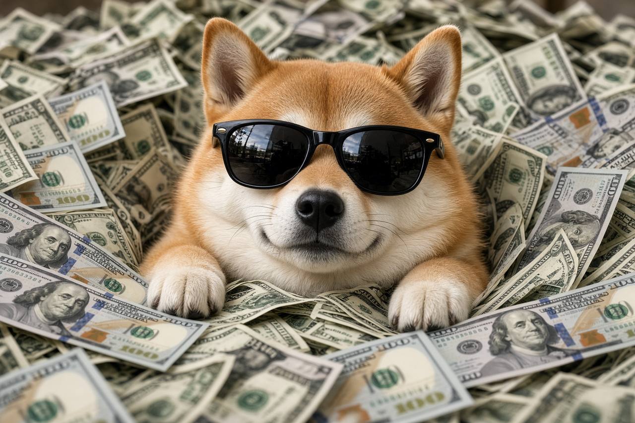 Shiba Inu in sunglasses lying on a pile of hundred dollar bills